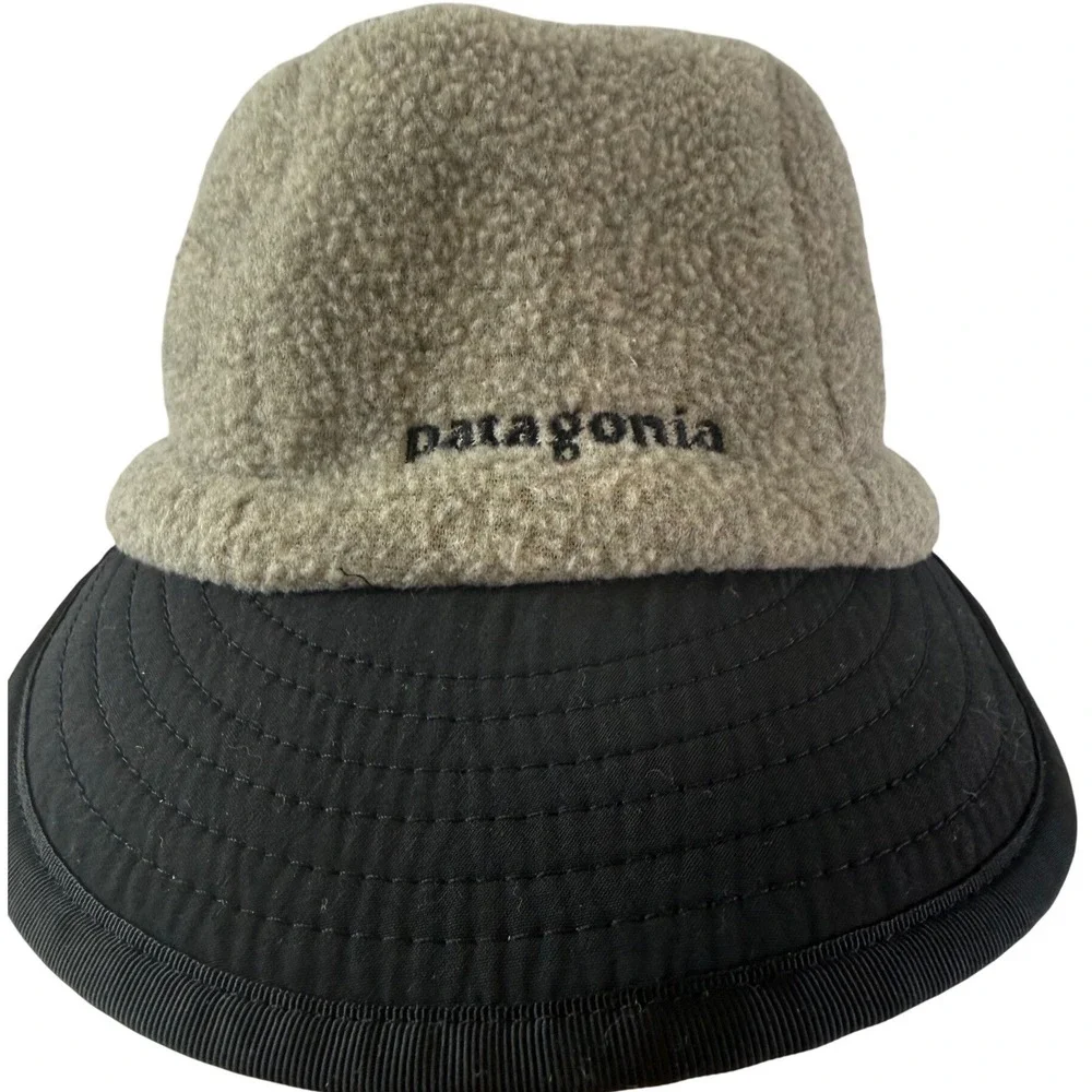Vtg Patagonia Synchilla Duckbill Cap Size M Tan Black Neck Flap 5 Panel Hat Gorp